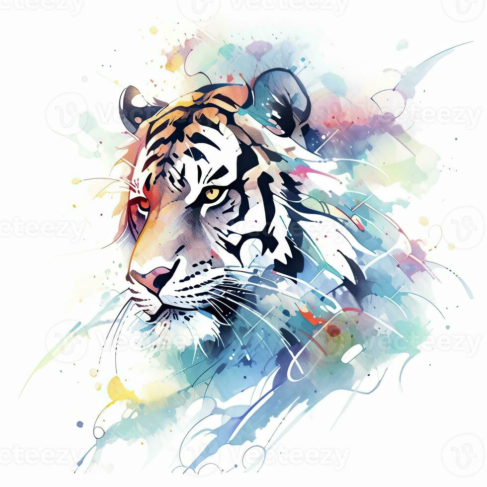 ai genererad vattenfärg tiger huvud på isolerat med vit bakgrund. ai genererad foto