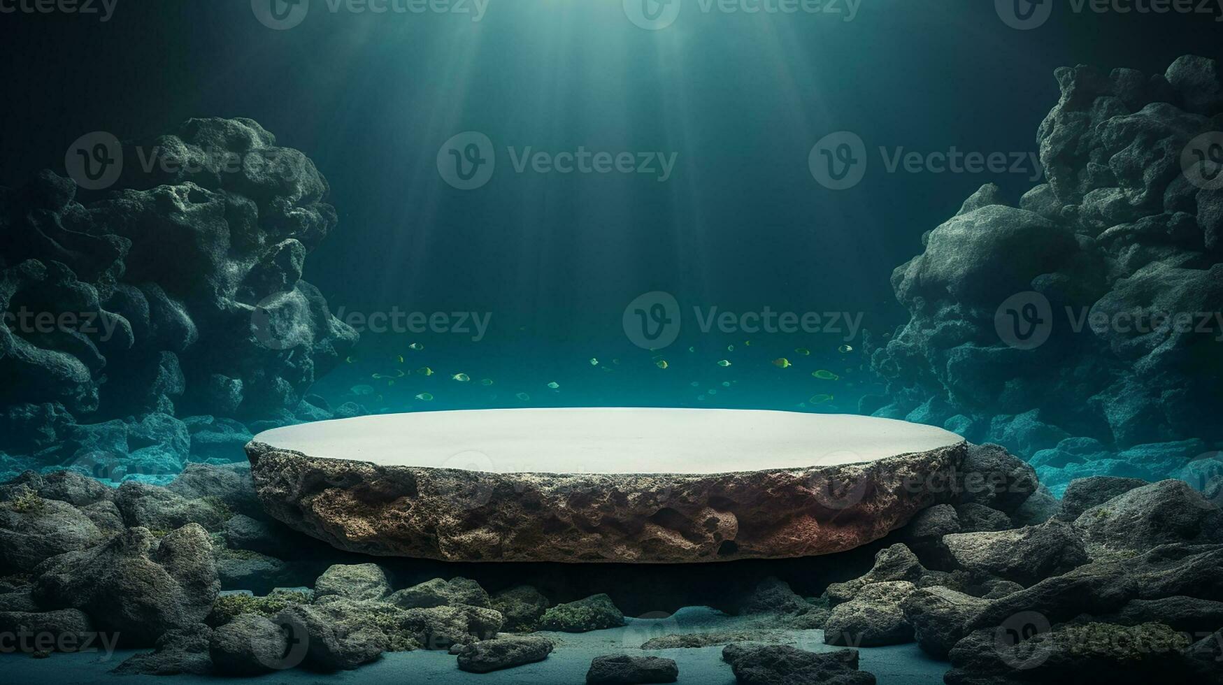 ai genererad 3d återges abstrakt tömma visa podium under vattnet tillverkad med sten minimal scen för produkt visa presentation foto