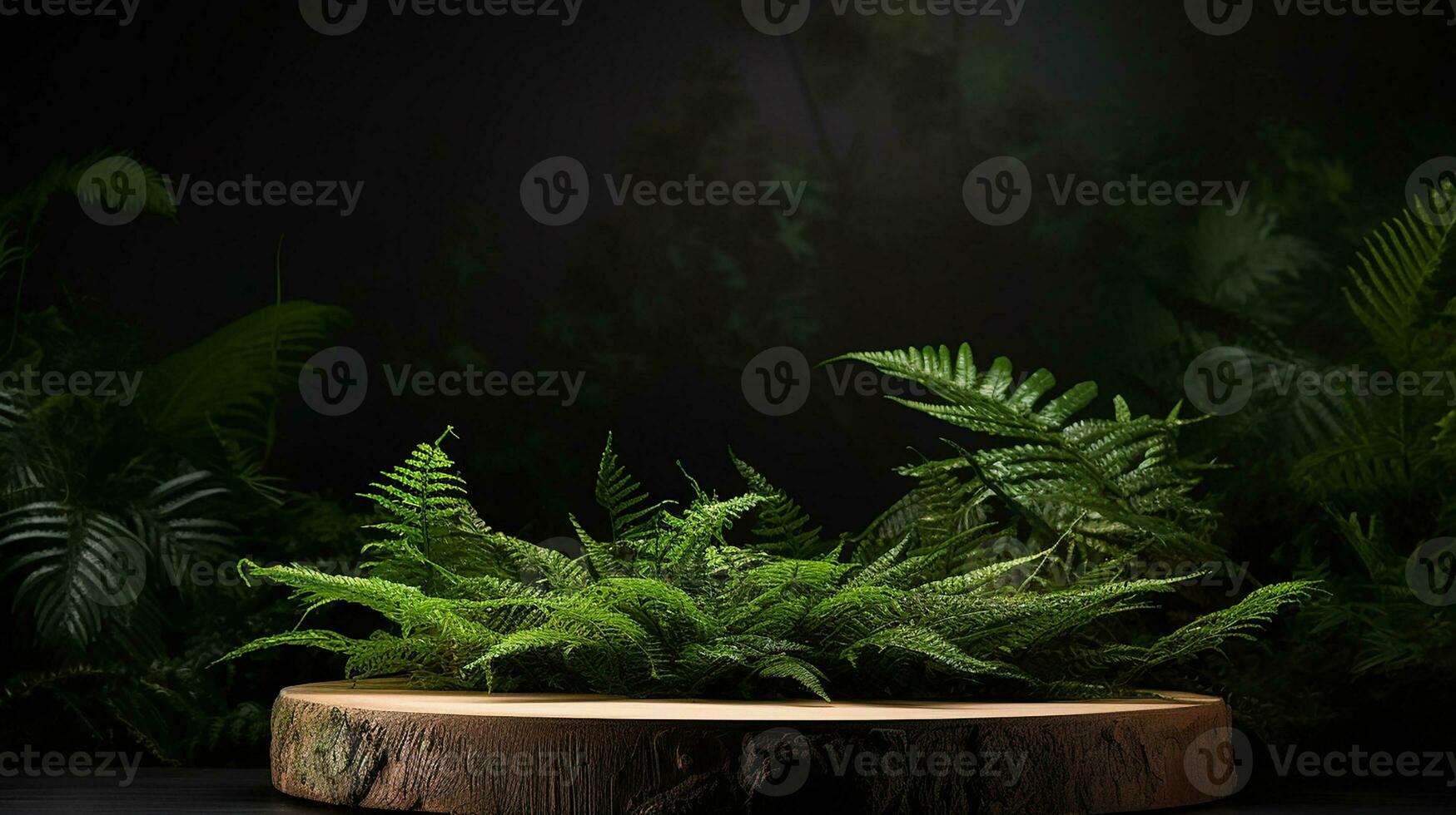 ai genererad trä- produkt visa podium med natur löv bakgrund minimal scen för produkt visa presentation foto
