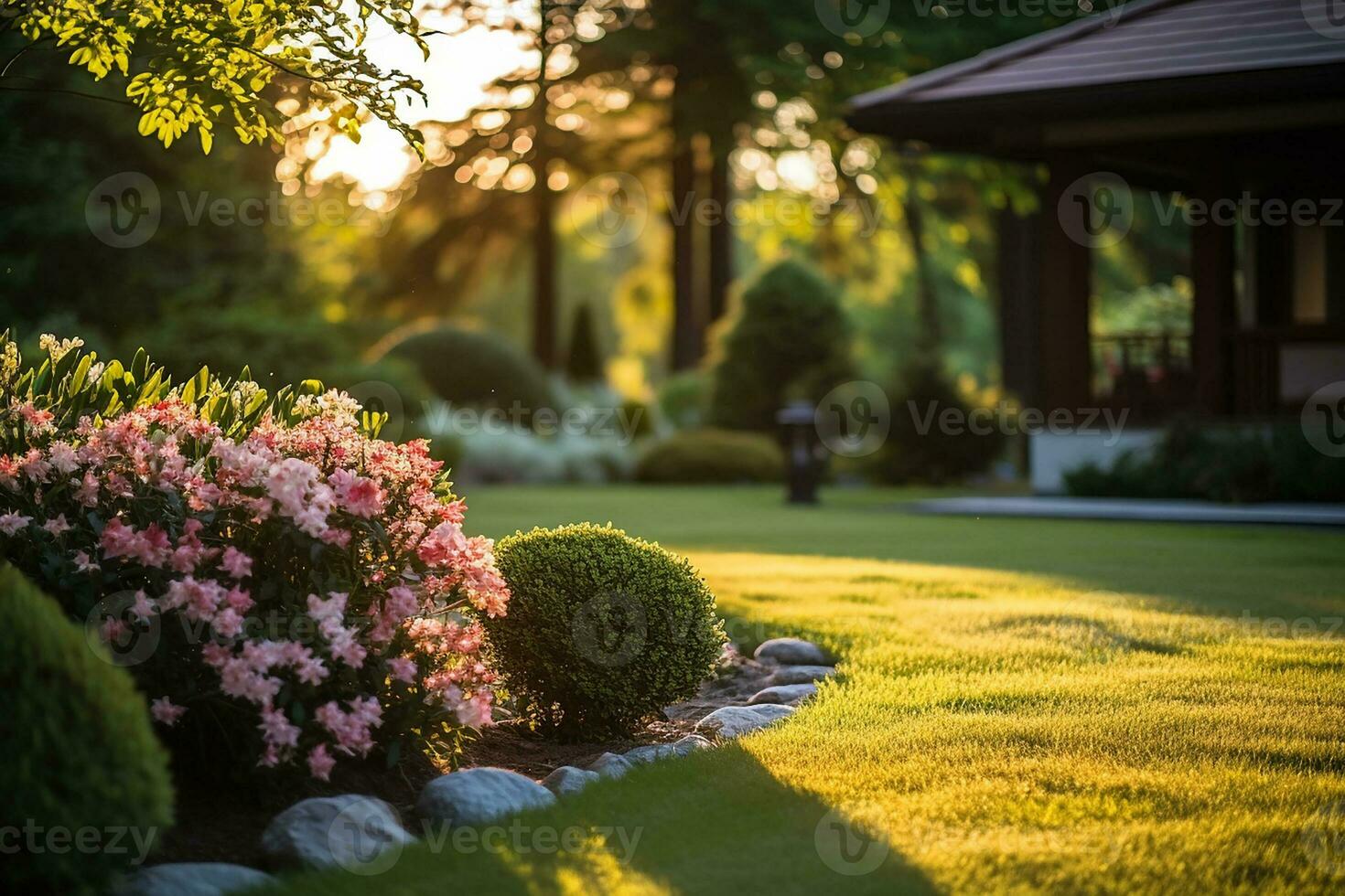 ai genererad se av ett attraktiv bakgård med ny plantering sängar och väl hålls gräsmatta foto