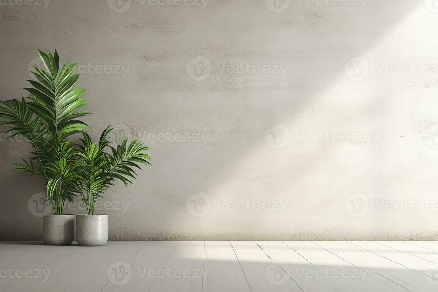ai genererad tömma vit rum med en trä- golv och växter. minimal med kopia Plats foto