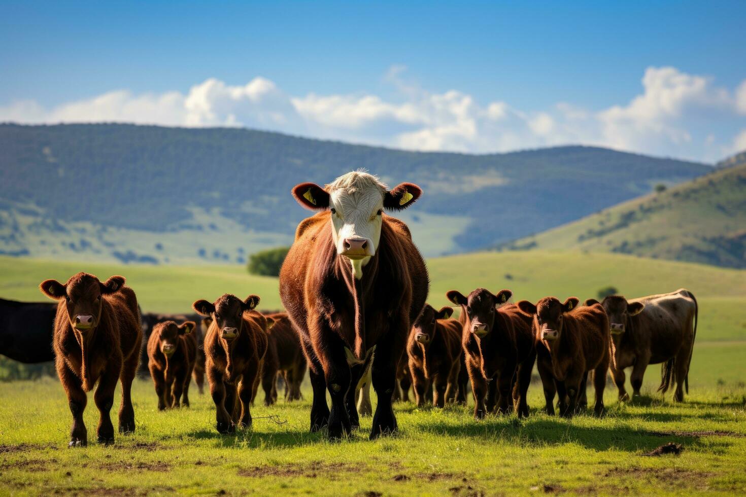 ai genererad besättning av kor i en äng med bergen i de bakgrund, besättning av ko och kalv par på bete på de nötkött nötkreatur ranch, ai genererad foto