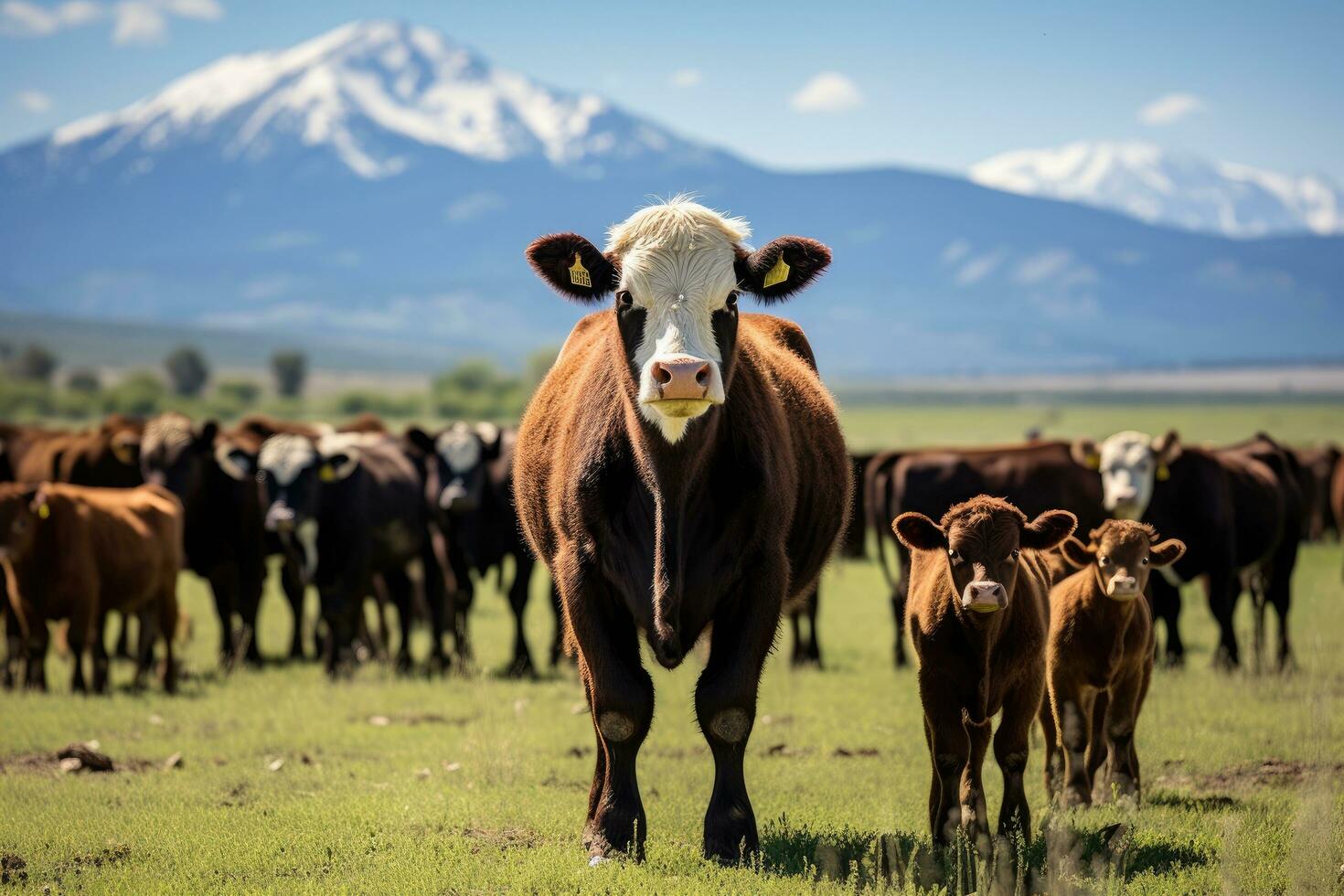 ai genererad besättning av kor på en äng i de bergen under blå himmel, besättning av ko och kalv par på bete på de nötkött nötkreatur ranch, ai genererad foto