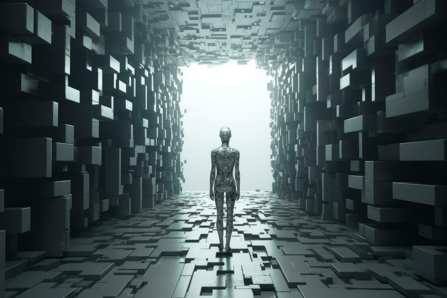 ai genererad trogen korridor med en man i främre av den 3d tolkning, humanoid robot promenader genom de fjärdedimensionell Plats, ai genererad foto