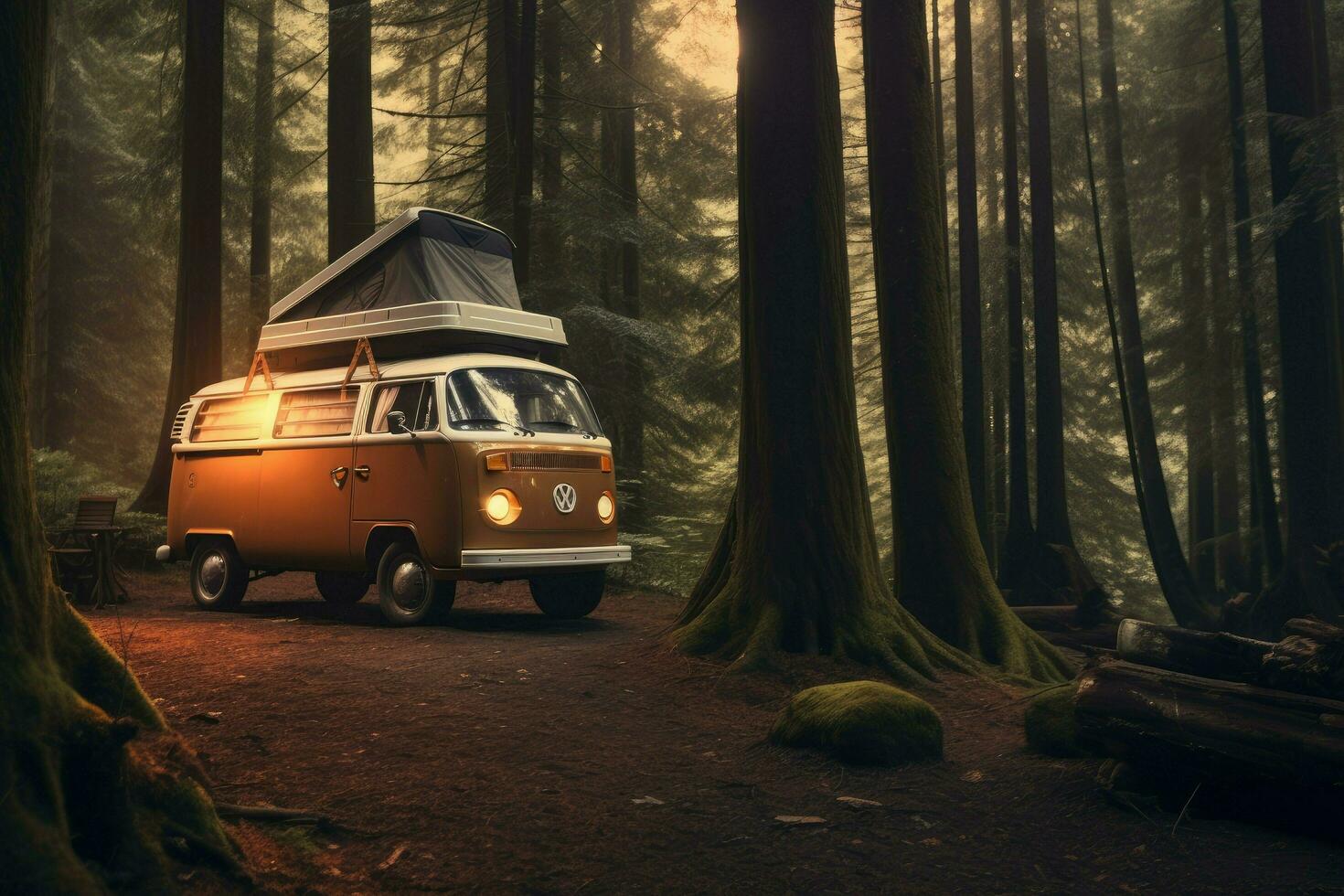 ai genererad camping i de skog med en husbil skåpbil, njuter en sommar camping, topp sektion beskurna och sida se ai genererad foto