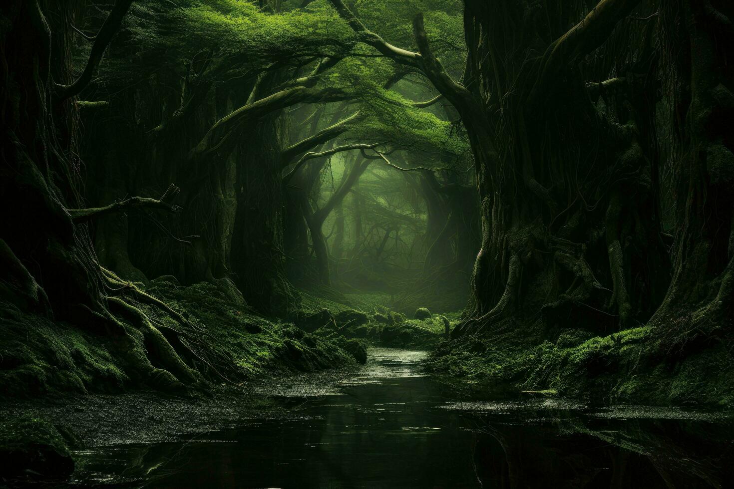 ai genererad realistisk djup skog ,djup skog fantasi bakgrund begrepp konst realistisk illustration bakgrund ai genererad foto
