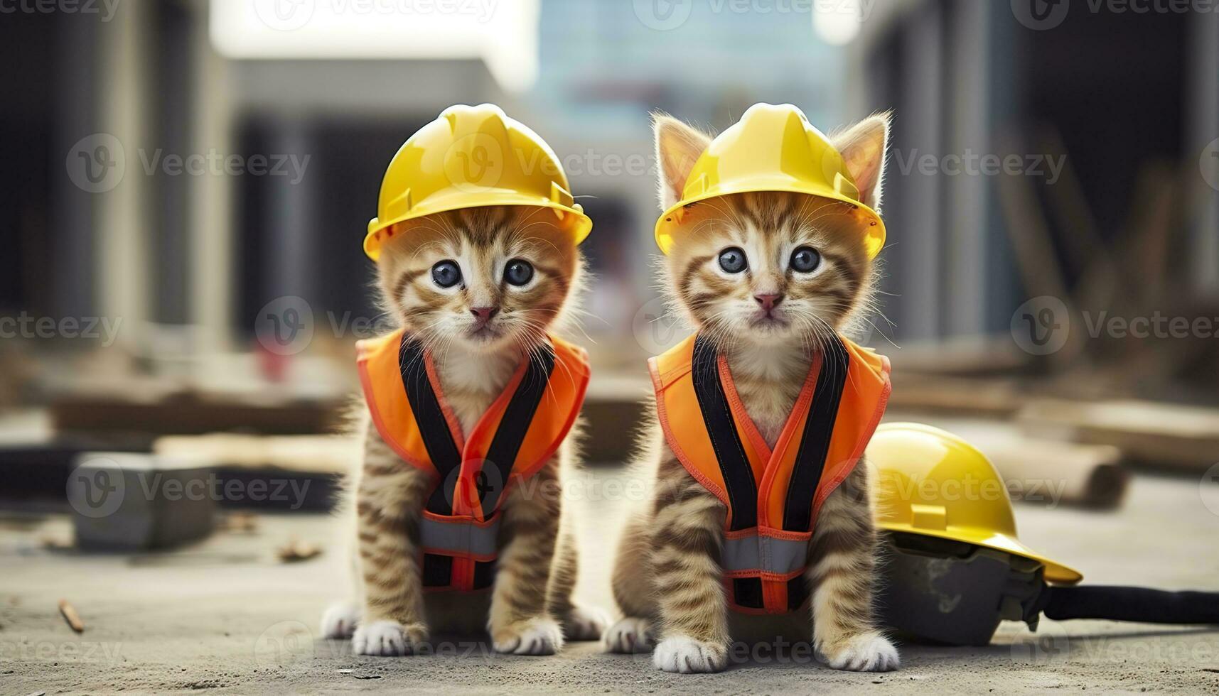 ai genererad två kattungar bär hård hattar på en konstruktion webbplats. generativ ai foto