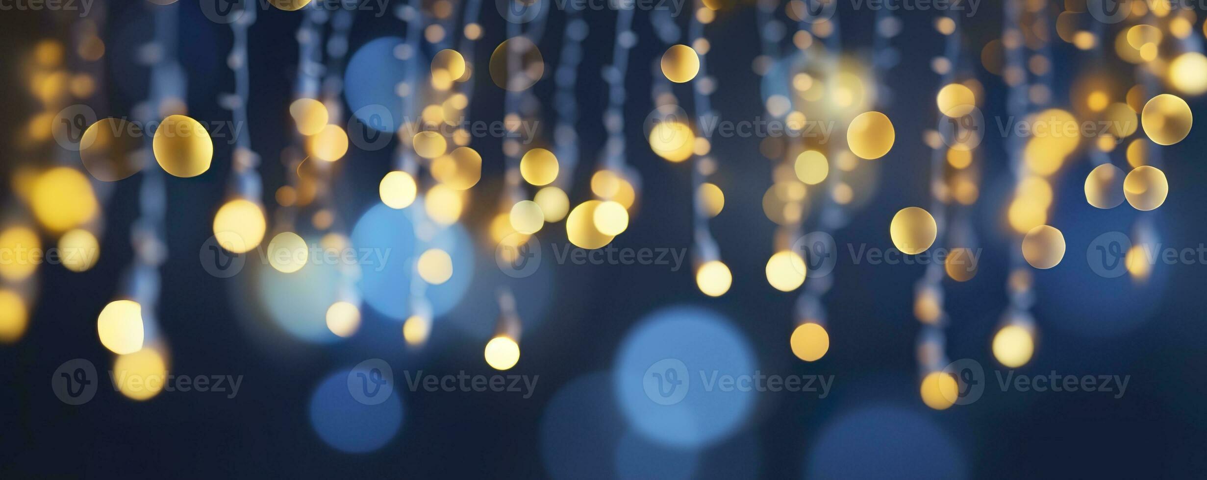 ai genererad Semester belysning och dekoration begrepp, jul krans bokeh lampor över mörk blå bakgrund. ai genererad foto