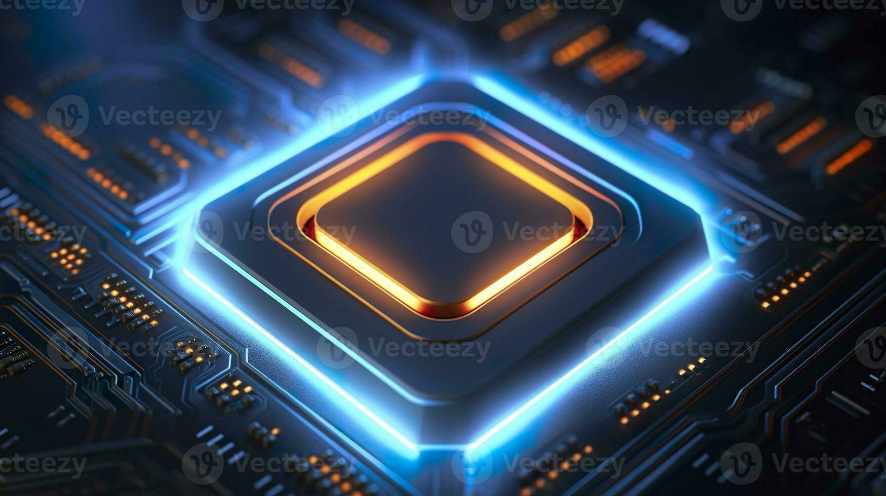 ai genererad topp se av en chip med lysande ljus och dimma i orange och blå. ai generativ foto