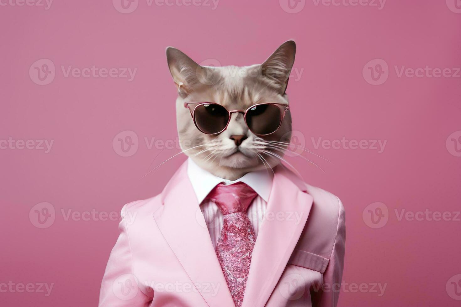 ai genererad en katt är bär solglasögon och kostym på rosa bakgrund. ai genererad foto
