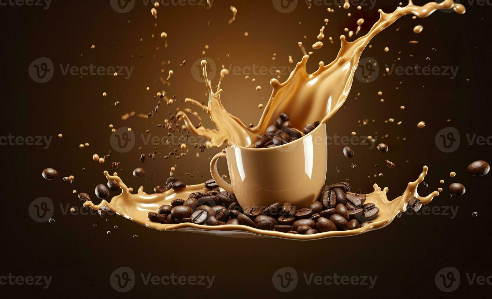 ai genererad varm flytande kaffe stänk med kaffe böna faller, 3d illustration. ai genererad foto