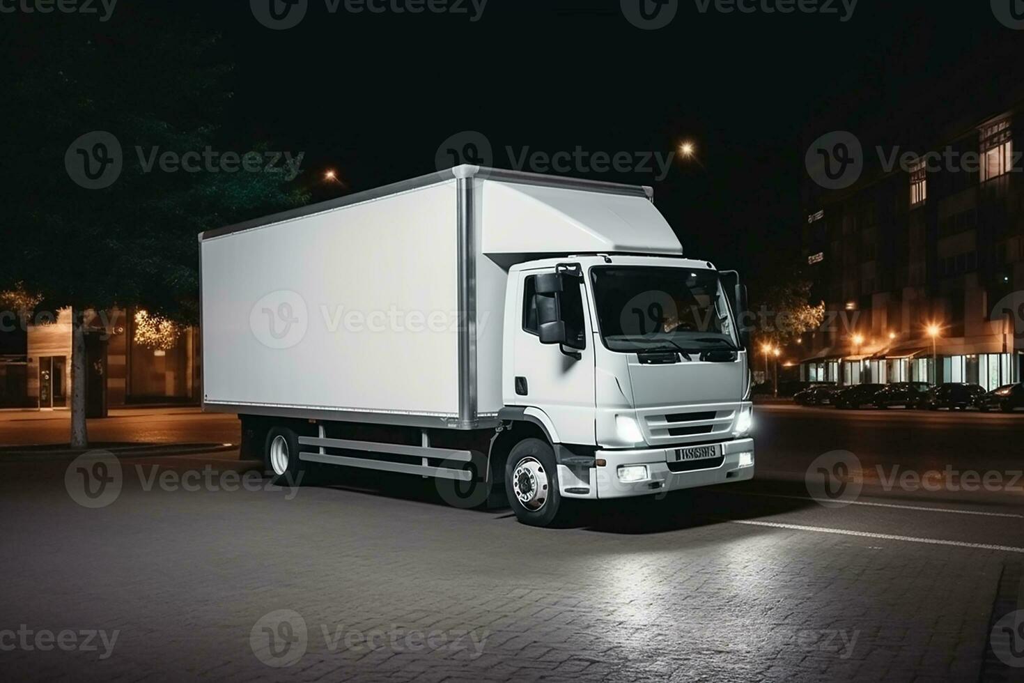ai genererad en vit tömma lastbil attrapp på de väg i natt foto