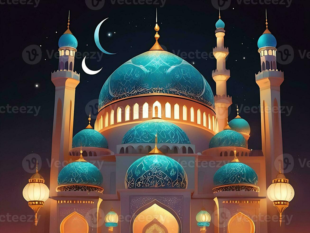 ai genererad illustration av Fantastisk arkitektur design av muslim moské arabicum lykta av ramadan firande. ai genererad foto
