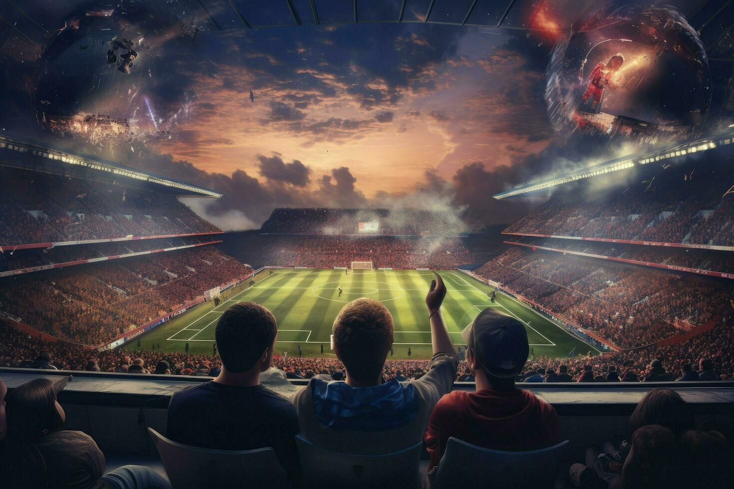 ai genererad fullt med folk människor tittar på fotboll match i stadion ai genererad foto