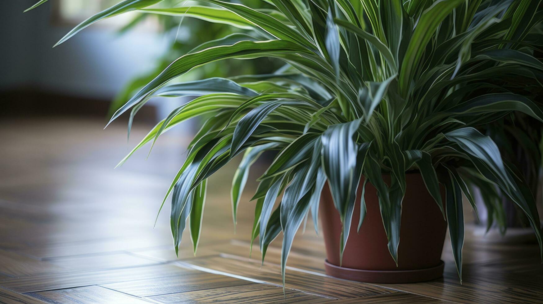 ai genererad en stänga upp av dracaena grön blad i en beige pott på en marmor golv foto