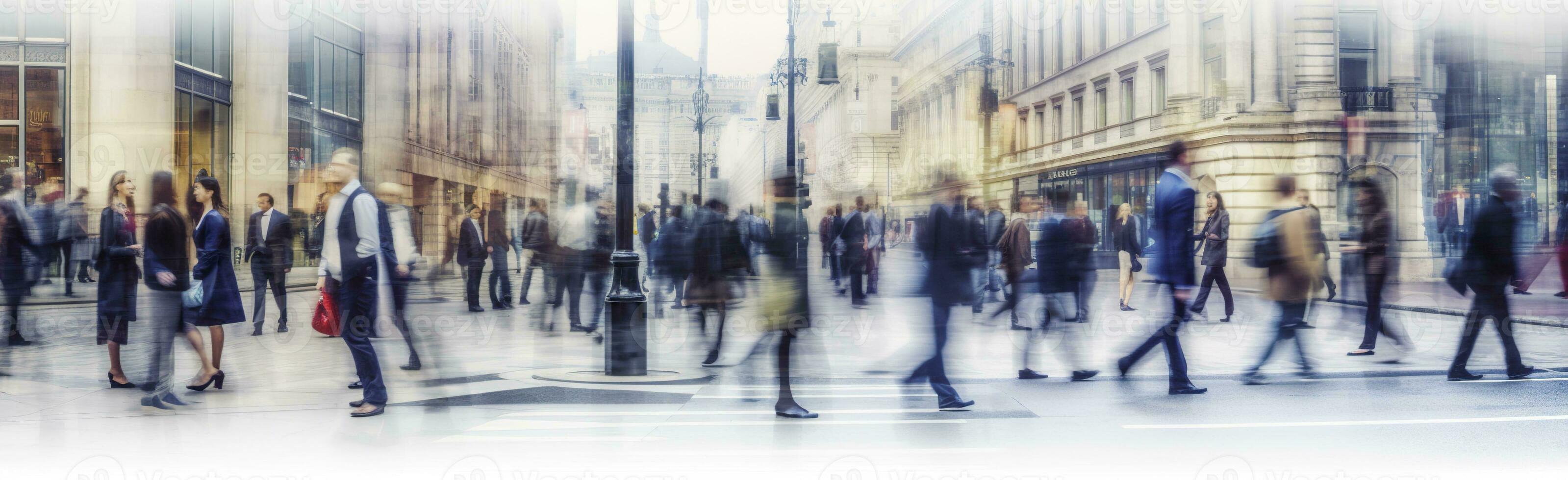 ai genererad gående människor fläck. massor av människor promenad i de stad av london. bred panorama- se av människor korsning de väg. ai genererad foto