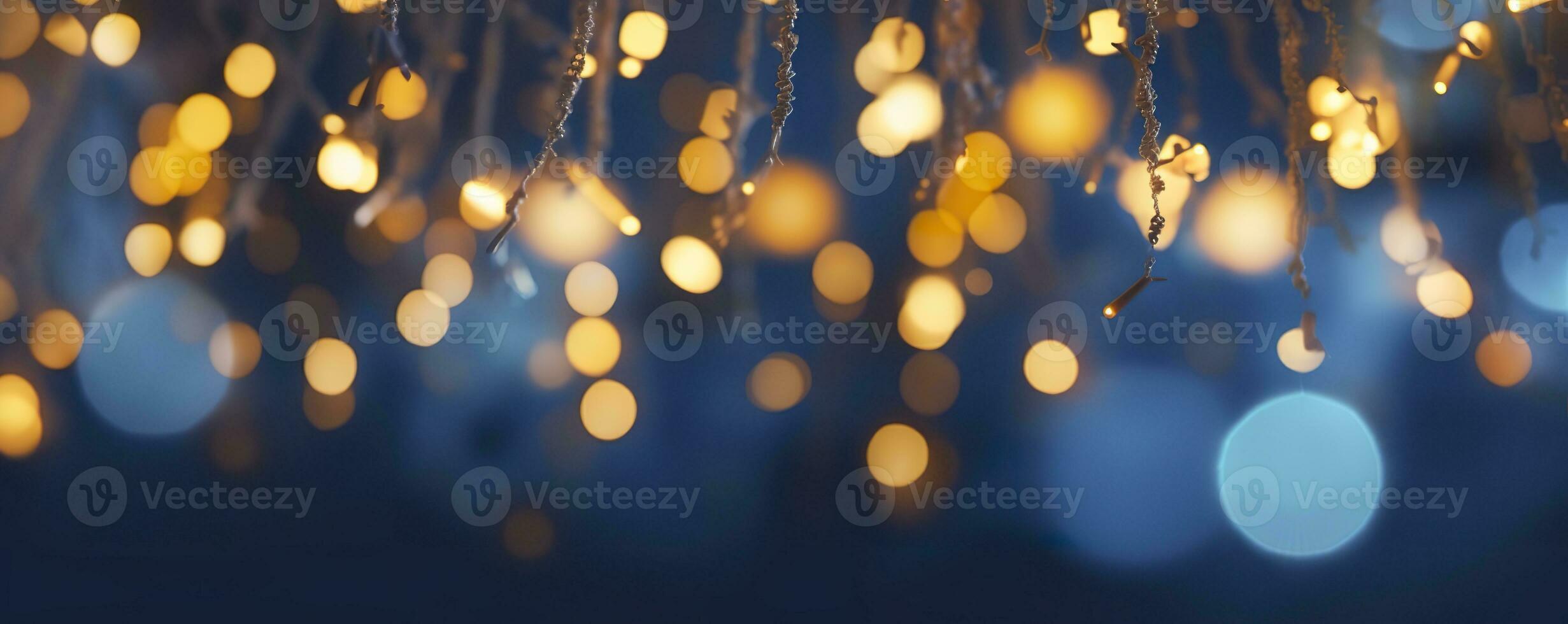 ai genererad Semester belysning och dekoration begrepp, jul krans bokeh lampor över mörk blå bakgrund. ai genererad foto