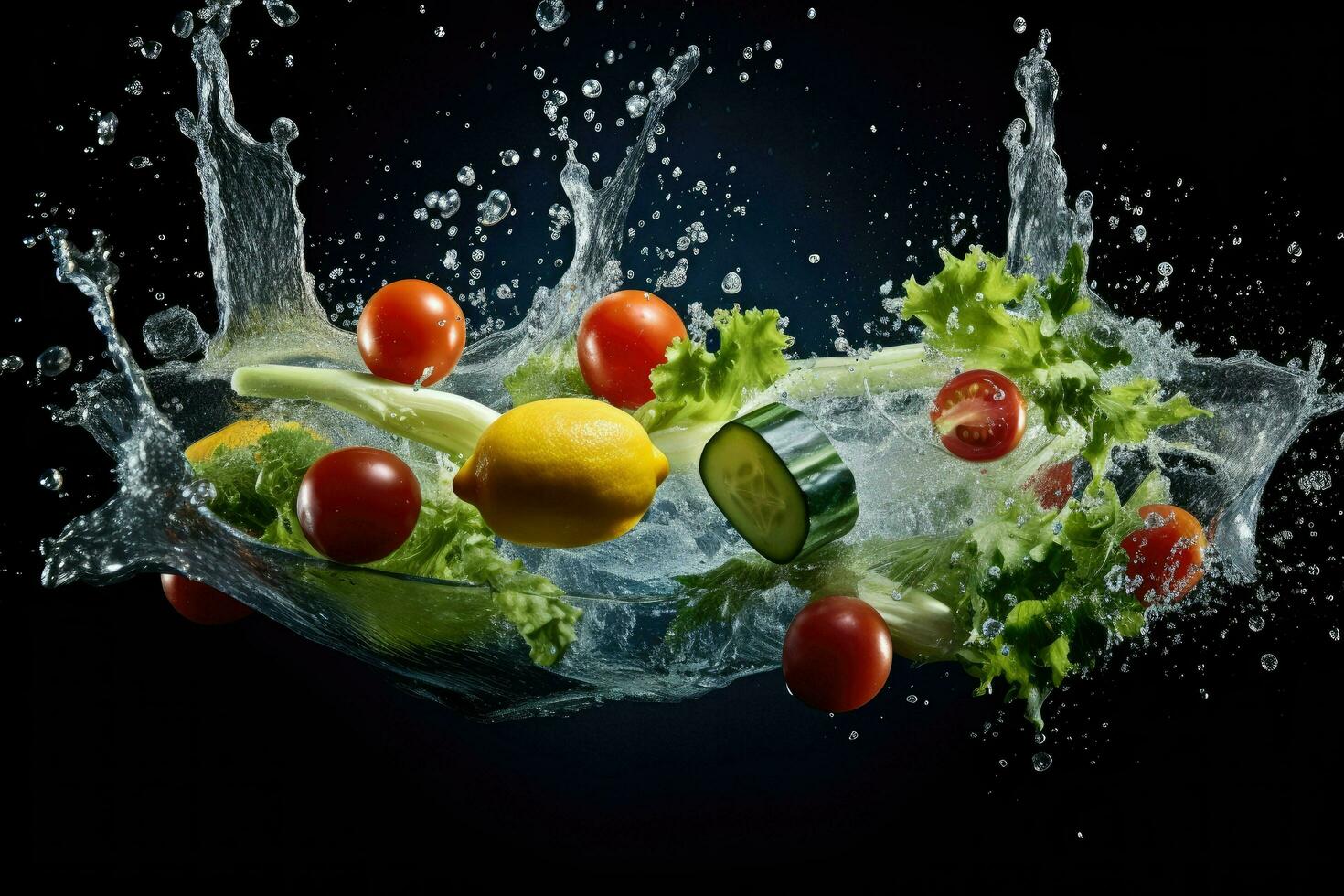 ai genererad vegetabiliska stänk in i klar vatten grönsaker stänk in i klar vatten på mörk bakgrund ai genererad foto