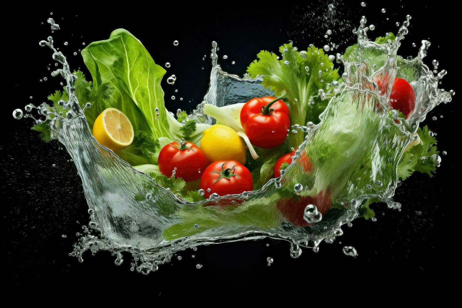 ai genererad vegetabiliska stänk in i klar vatten grönsaker stänk in i klar vatten på mörk bakgrund ai genererad foto