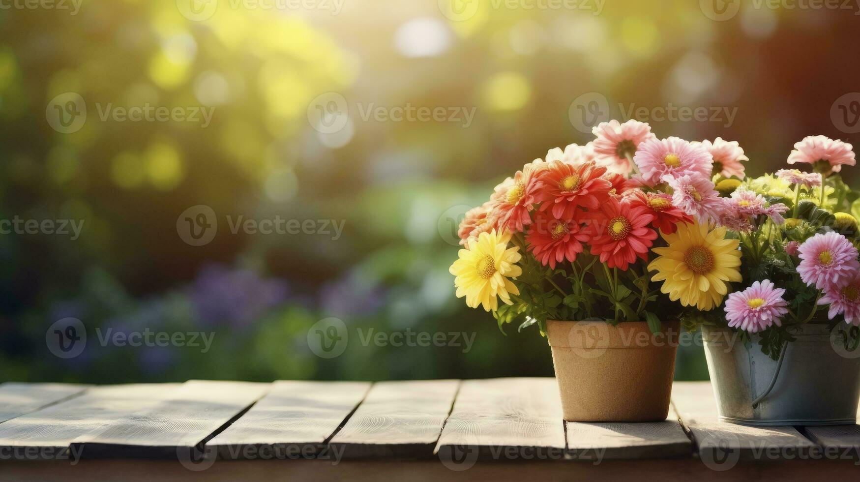 ai genererad skön blommor i kastruller utanför i de trädgård foto