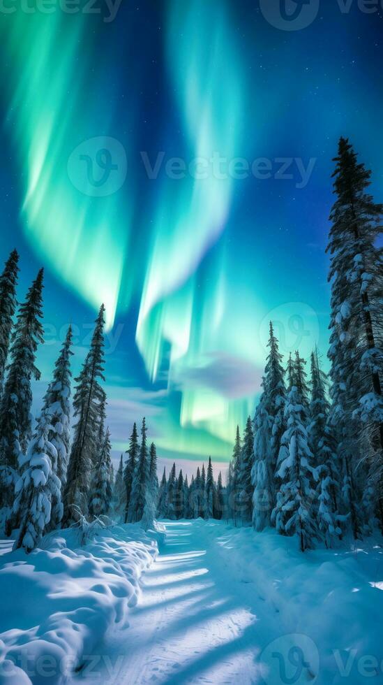 ai genererad mystisk aurora borealis över snöig skog foto
