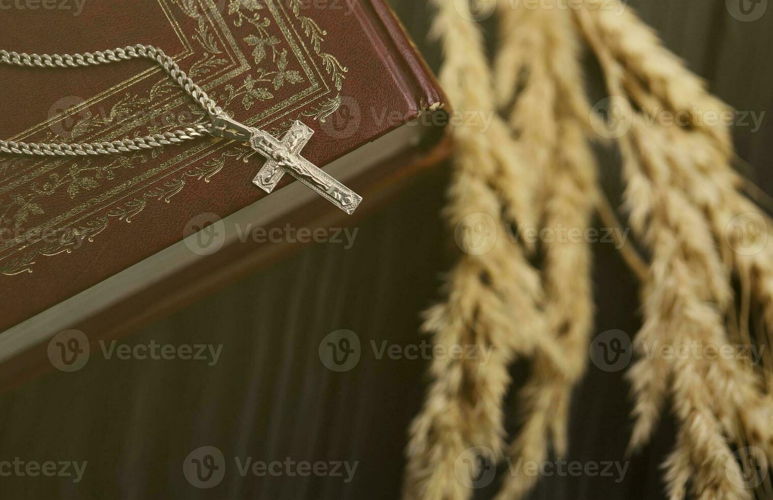 silver- halsband med krucifix korsa på kristen helig bibel bok på svart trä- tabell. be välsignelser från Gud med de kraft av helighet foto