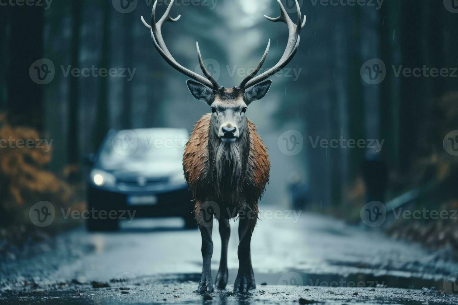 ai genererad rådjur korsning bil väg nära skog foto