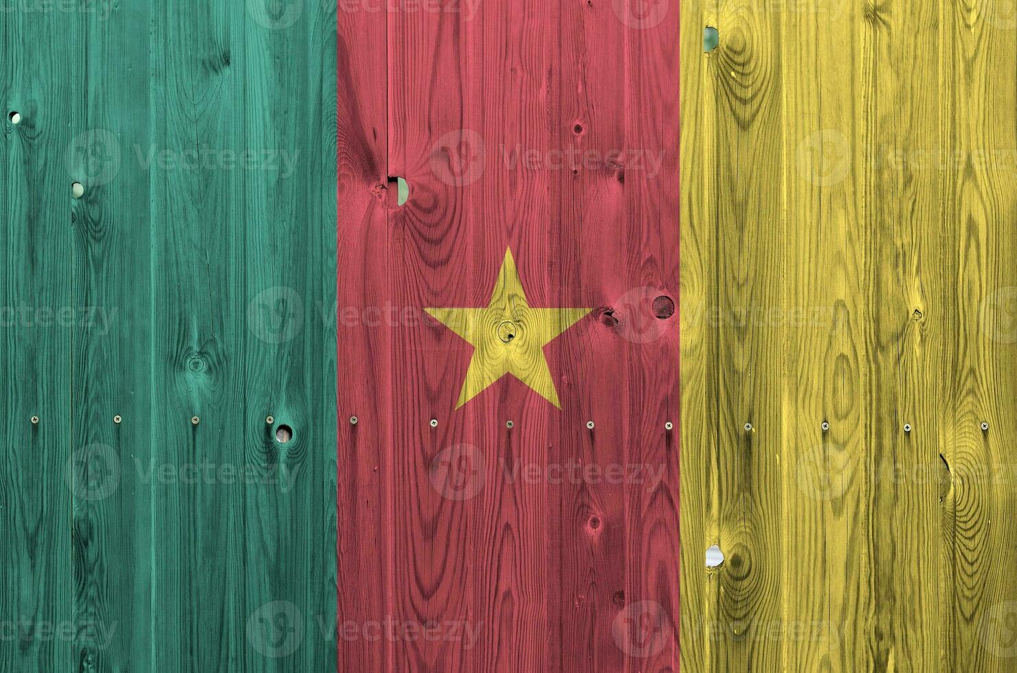 cameroon flagga avbildad i ljus måla färger på gammal trä- vägg. texturerad baner på grov bakgrund foto