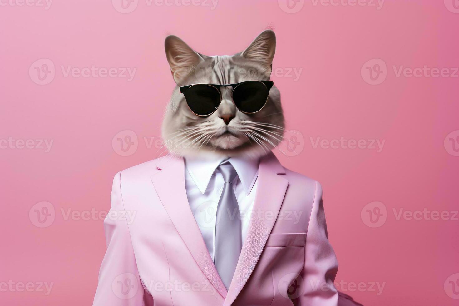 ai genererad en katt är bär solglasögon och kostym på rosa bakgrund. ai genererad foto