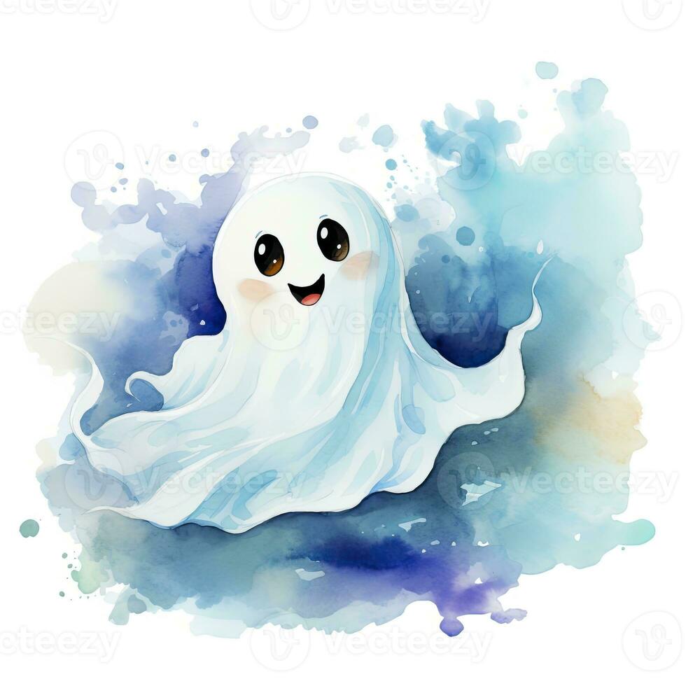 ai genererad de vattenfärg söt spöke på vit bakgrund. ai genererad foto