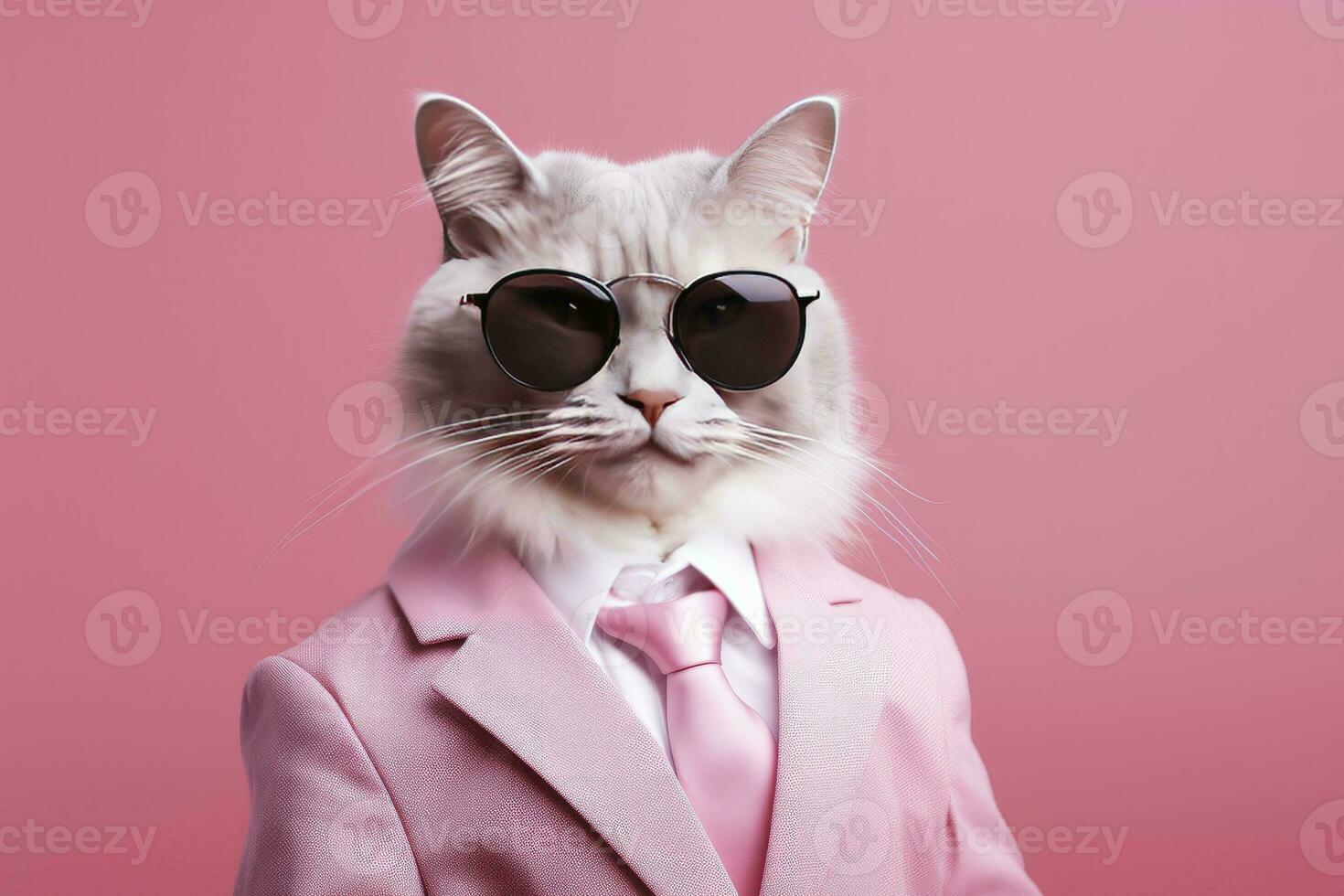 ai genererad en katt är bär solglasögon och kostym på rosa bakgrund. ai genererad foto