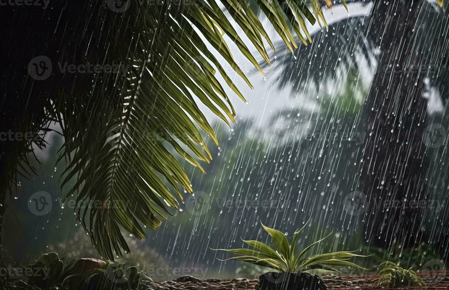 ai genererad regn i de tropikerna under de låg säsong eller monsun säsong. regndroppar i en trädgård. generativ ai foto