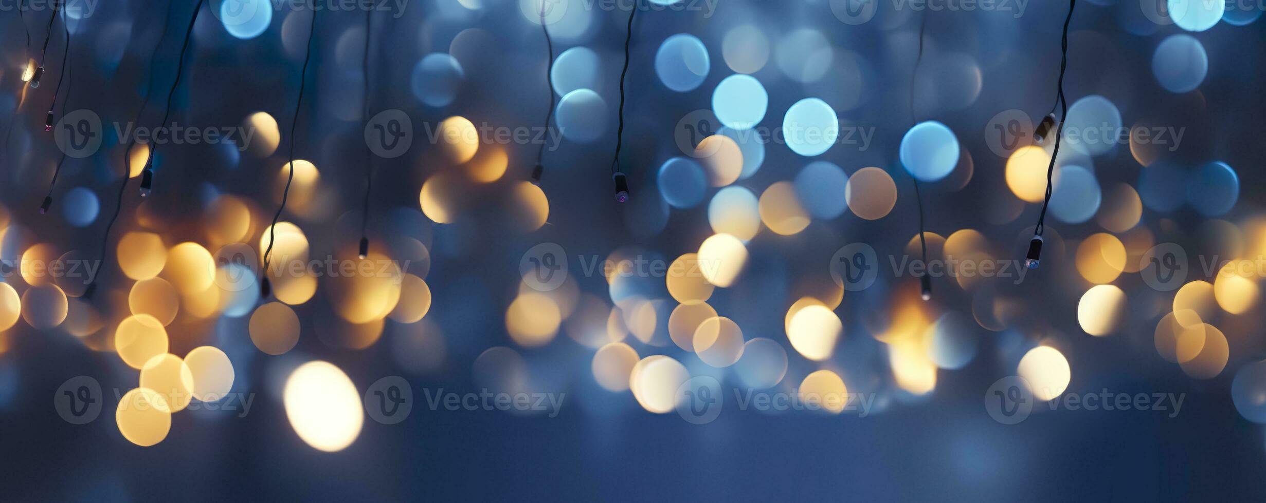 ai genererad Semester belysning och dekoration begrepp, jul krans bokeh lampor över mörk blå bakgrund. ai genererad foto