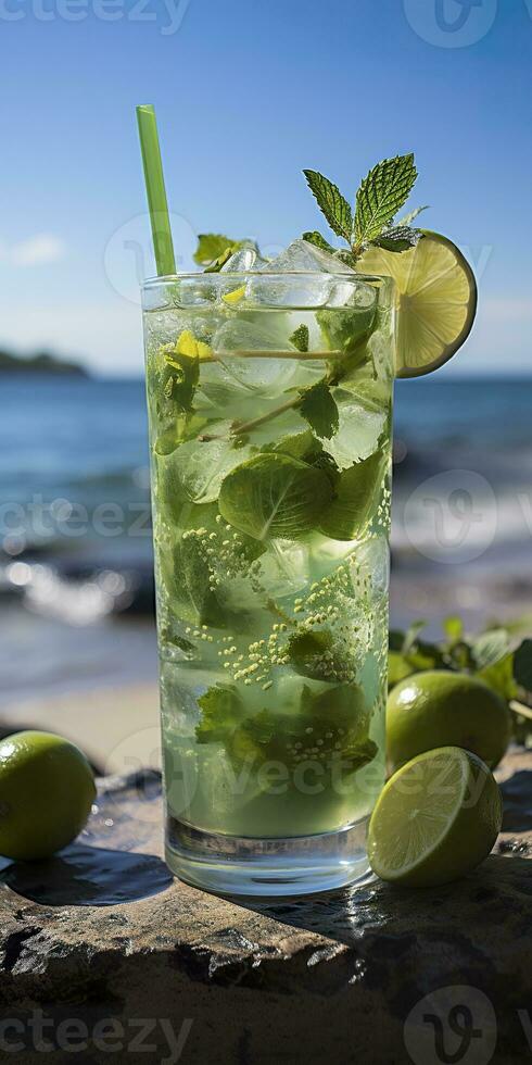 ai genererad fantastisk Foto av cocktail mojito, en solig sommar strand i de bakgrund. generativ ai