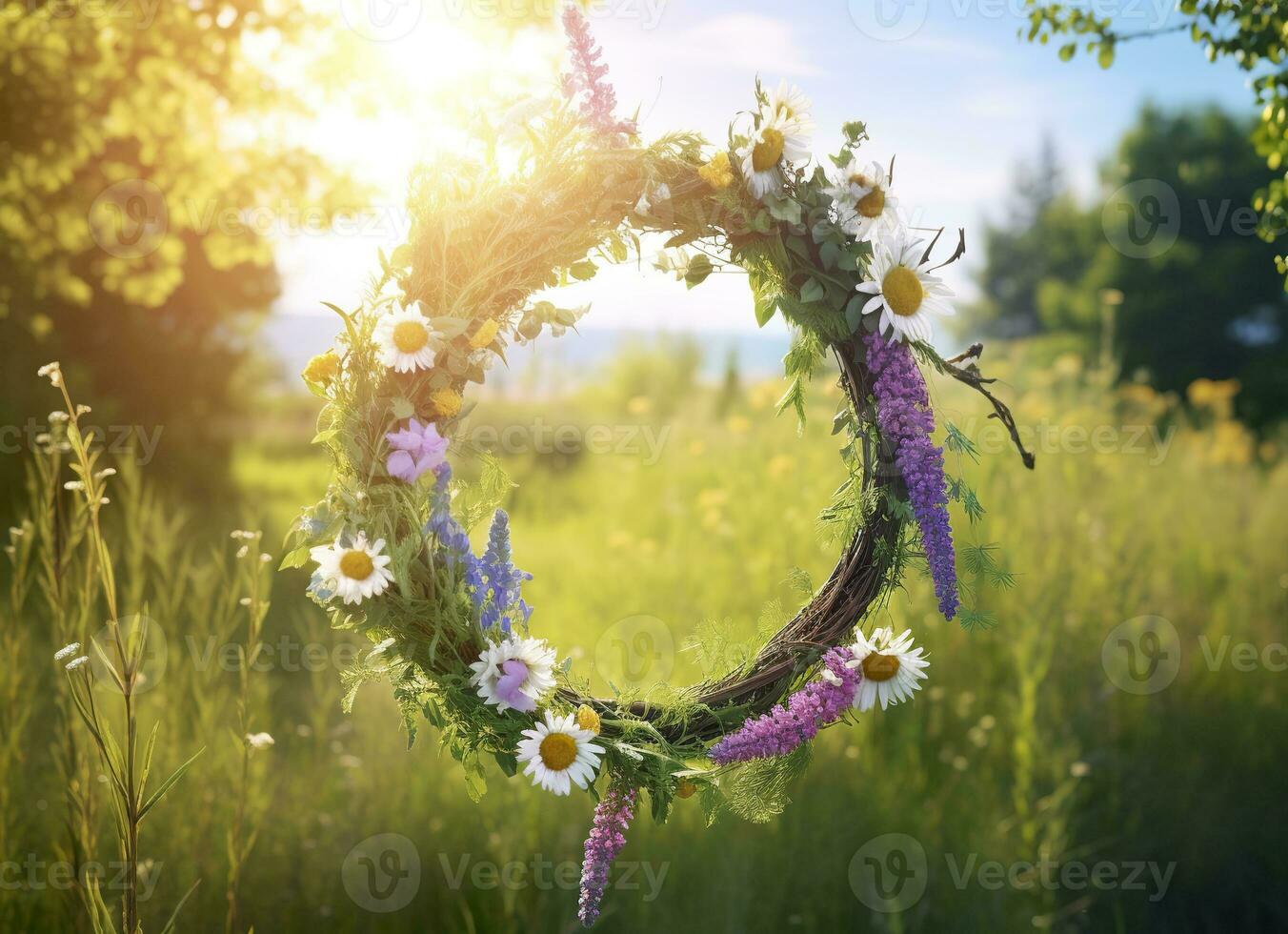 ai genererad rustik vild krans på en solig äng. sommar solstånd dag, midsommar begrepp. generativ ai foto