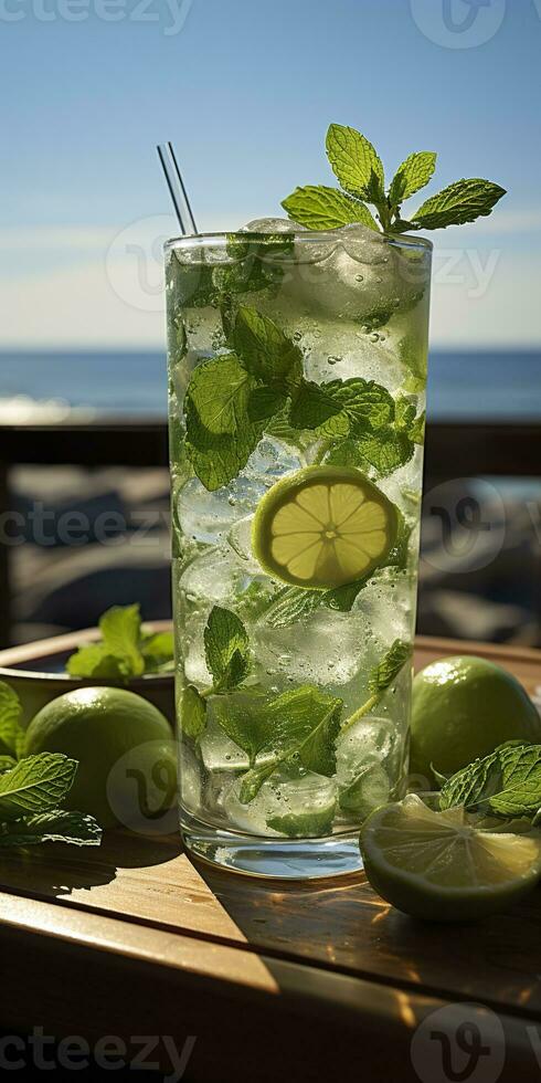 ai genererad fantastisk Foto av cocktail mojito, en solig sommar strand i de bakgrund. generativ ai