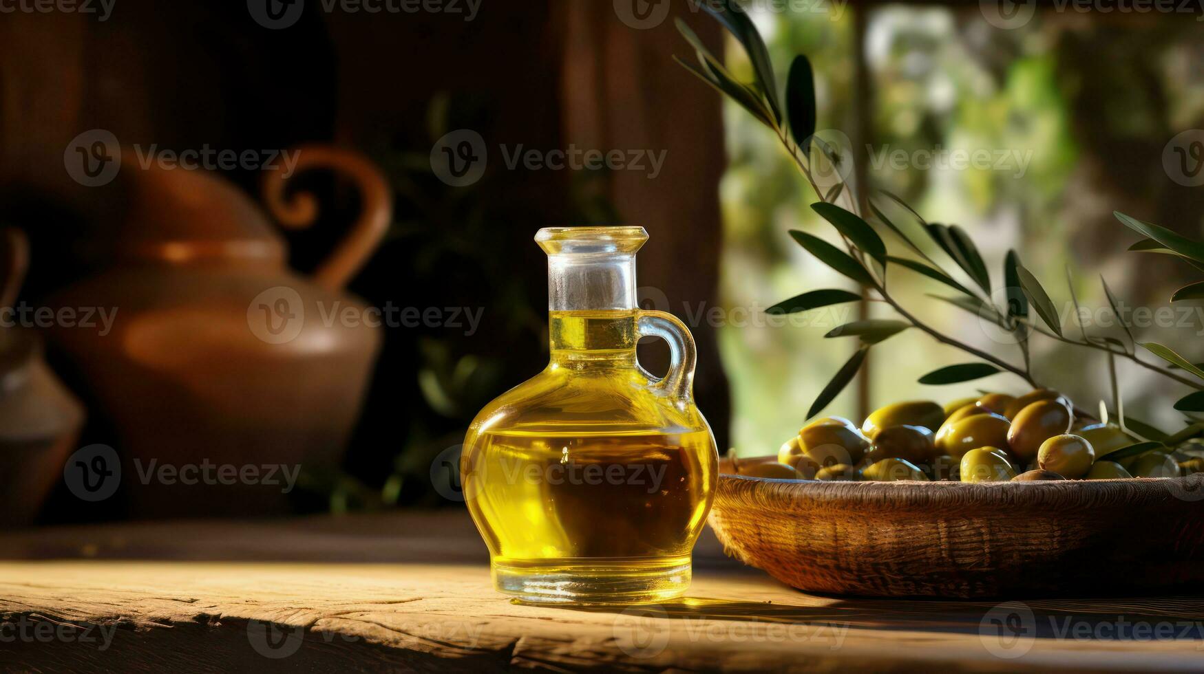 ai genererad oliver och oliv olja på lantlig rustik bakgrund. generativ ai foto