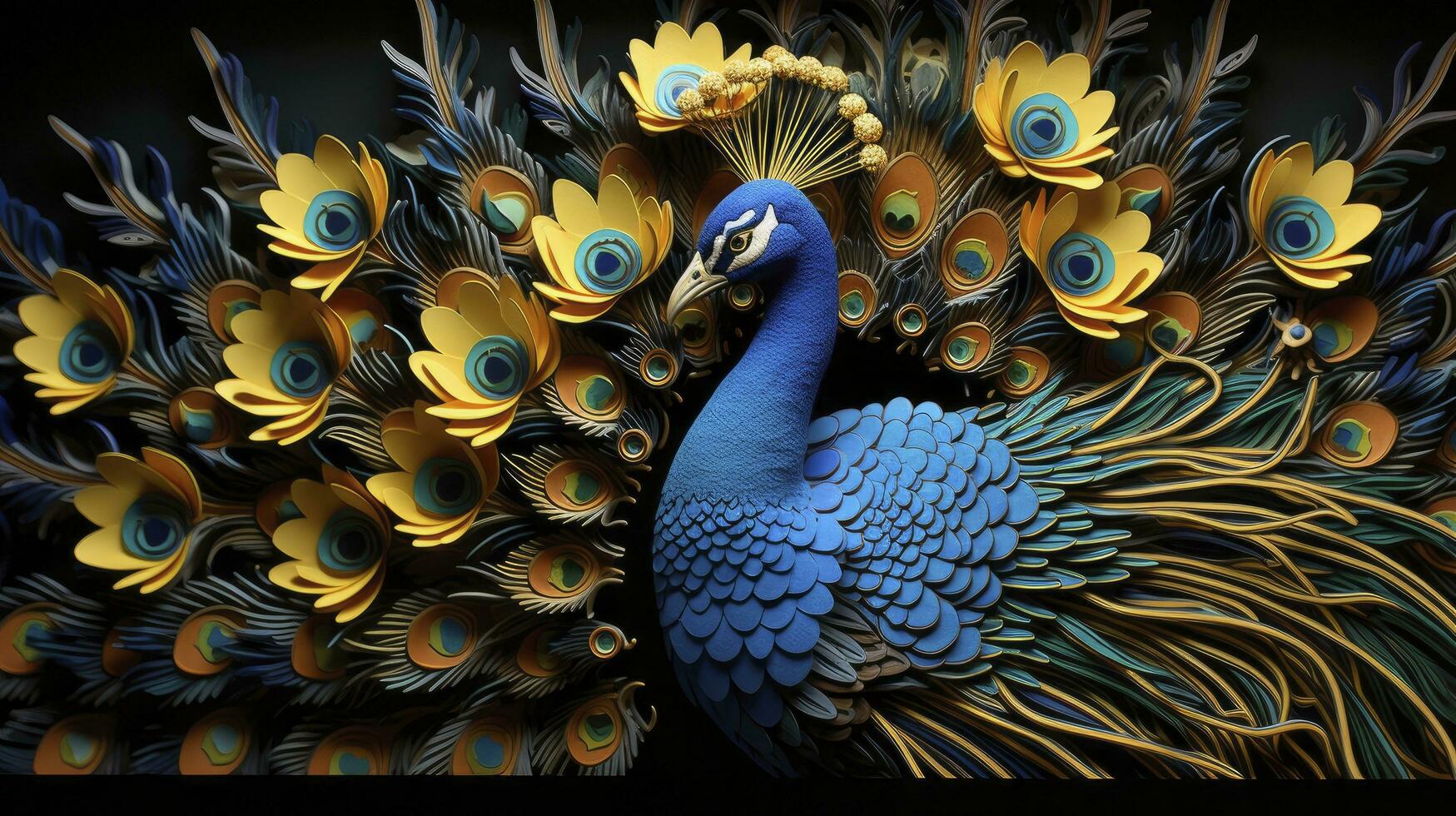 ai genererad blå gul och guld påfågel dekor med blommor på svart bakgrund foto