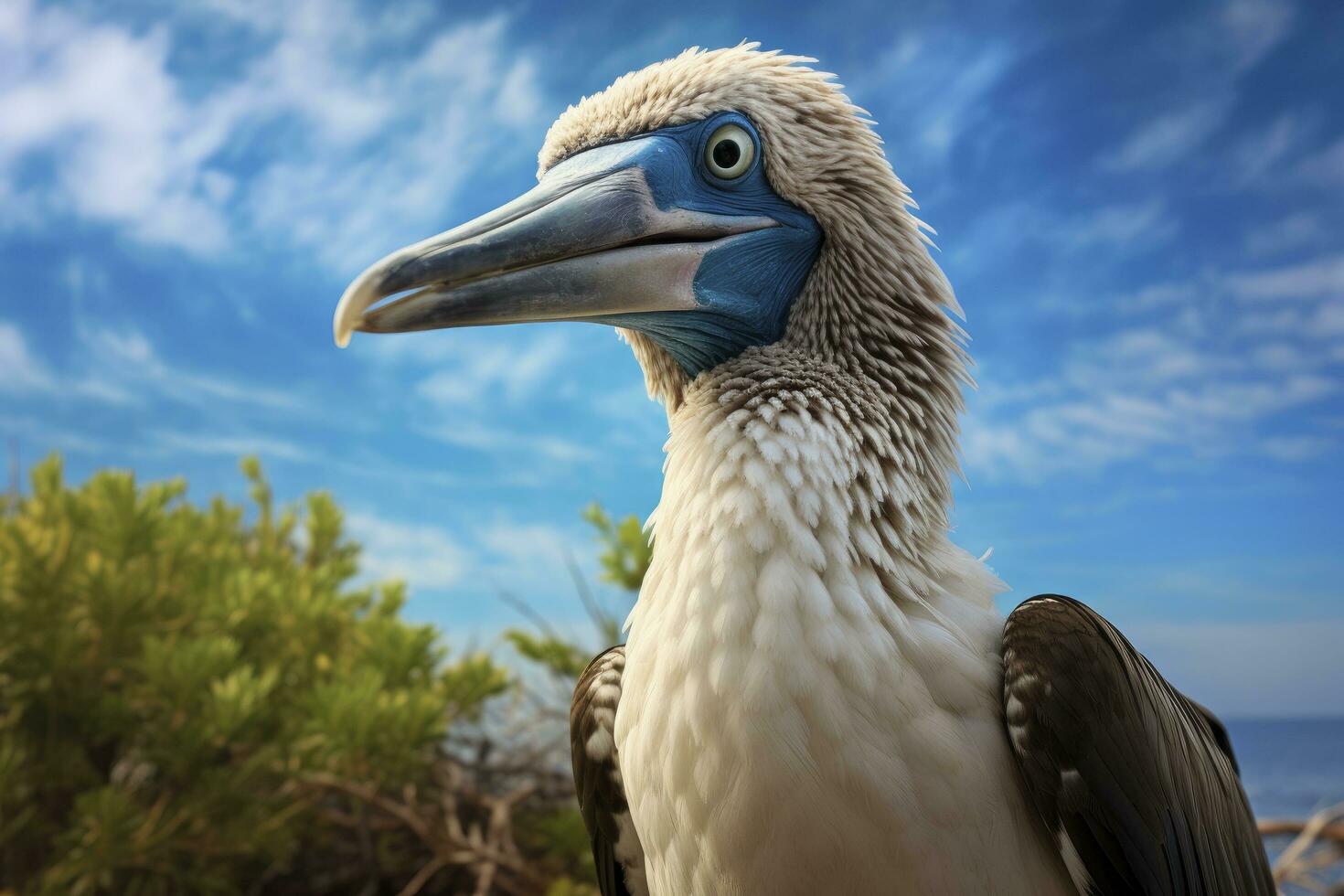 ai genererad de sällsynt blåfotad drummel vilar på de strand. ai genererad foto