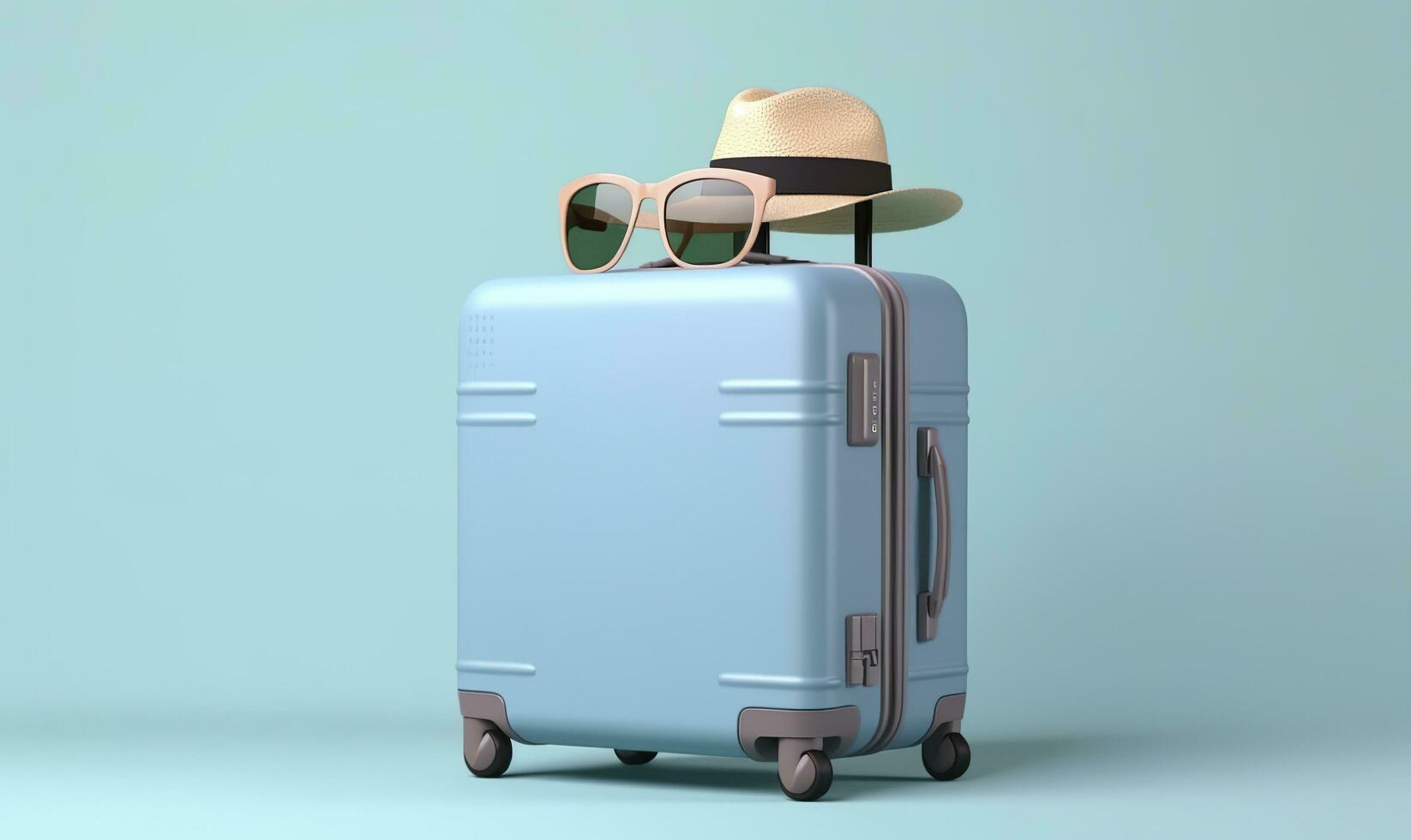 ai genererad blå resväska med solglasögon på en pastell blå bakgrund. resa begrepp. generativ ai foto