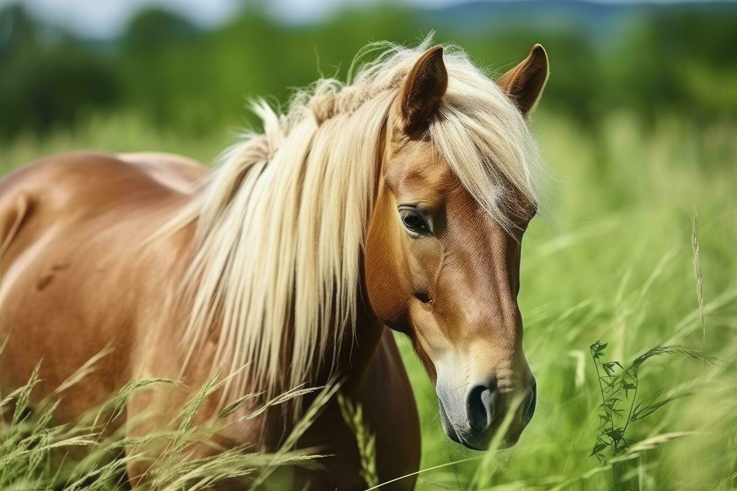 ai genererad brun häst med blond hår äter gräs på en grön äng detalj från de huvud. ai genererad foto