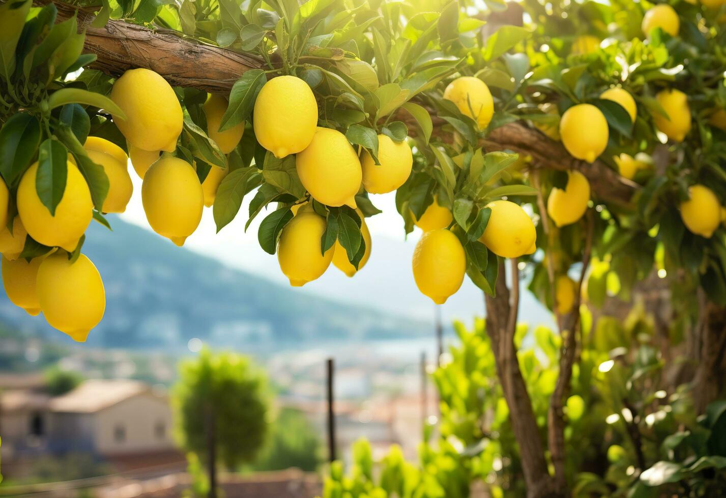 ai genererad citroner växande i en solig trädgård på amalfi kust i Italien. ai genererad foto