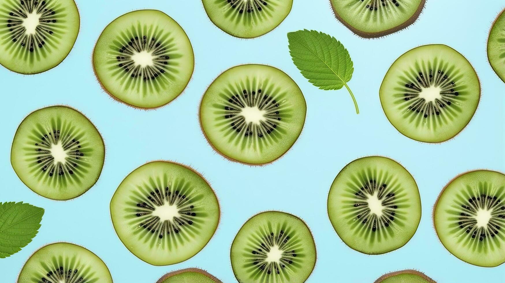 ai genererad skivor av kiwi frukt och grön mynta löv på en ljus pastell blå bakgrund. ai genererad foto