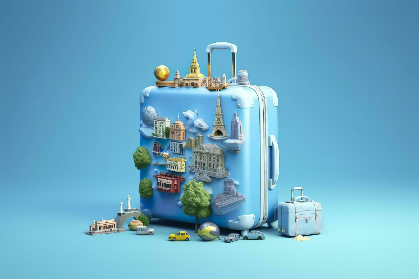 ai genererad blå resväska full av landmärken och resa Tillbehör på blå bakgrund. generativ ai foto