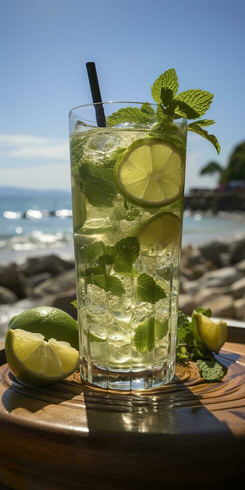 ai genererad fantastisk Foto av cocktail mojito, en solig sommar strand i de bakgrund. generativ ai