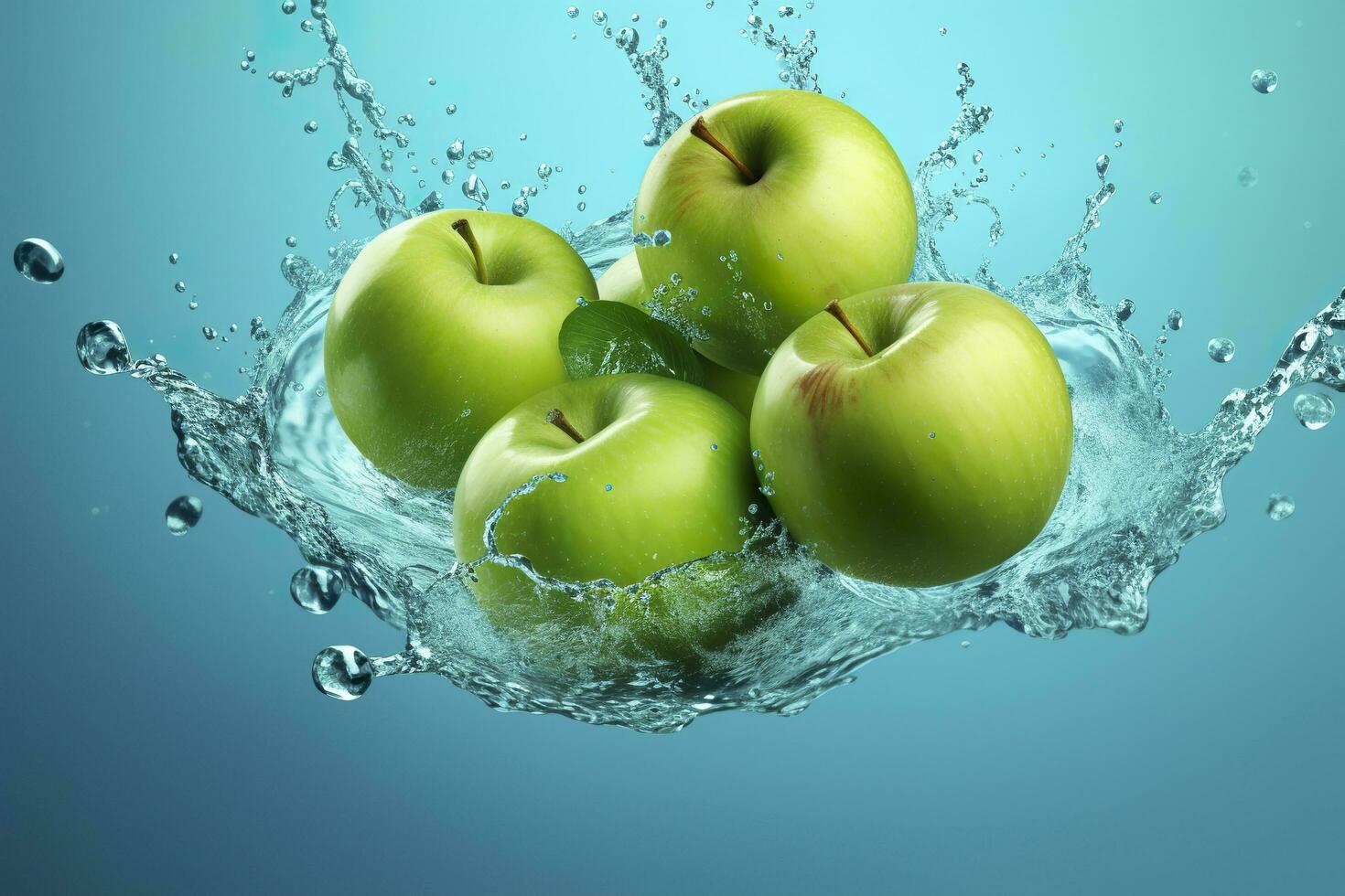 ai genererad färsk grön äpplen falla in i de vatten med en stänk på blå bakgrund. foto