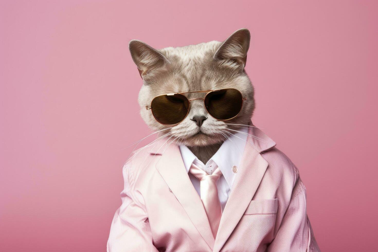 ai genererad en katt är bär solglasögon och kostym på rosa bakgrund. ai genererad foto