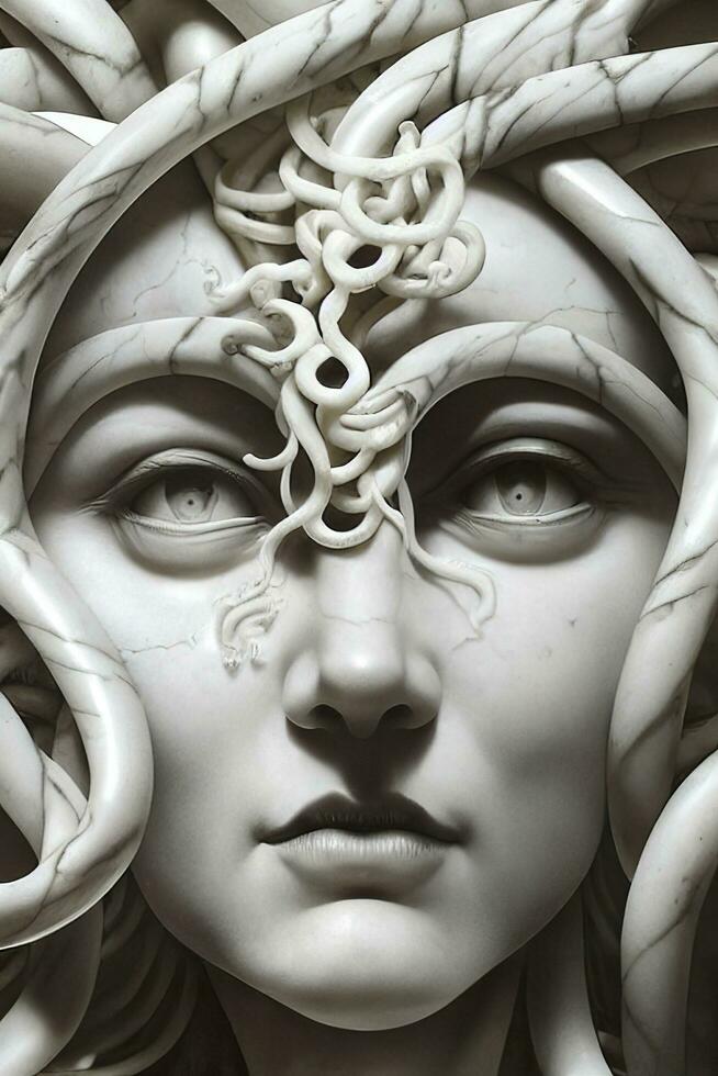 ai genererad porträtt av cyborg medusa stänga upp ristade i marmor. ai genererad foto