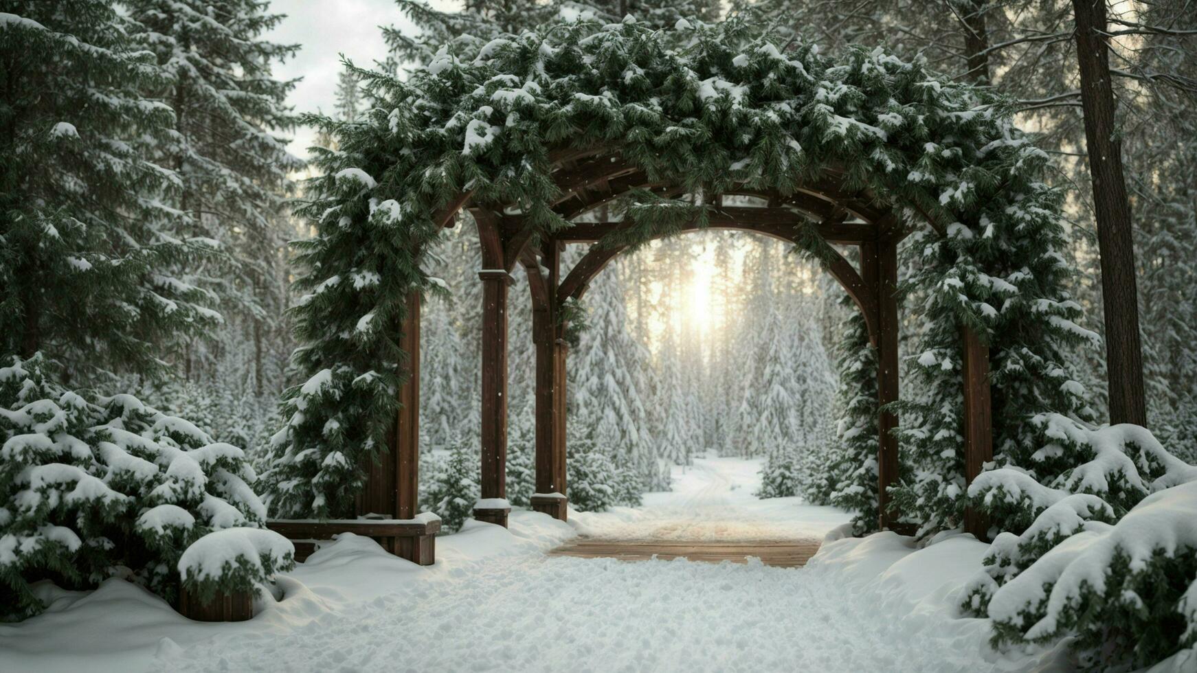 ai genererad snöladdade vintergröna archway konstruera en fängslande sammansättning med vintergröna träd formning en naturlig archway täckt i snö, inbjudande tittare till steg in i en vinter- sagoland. foto