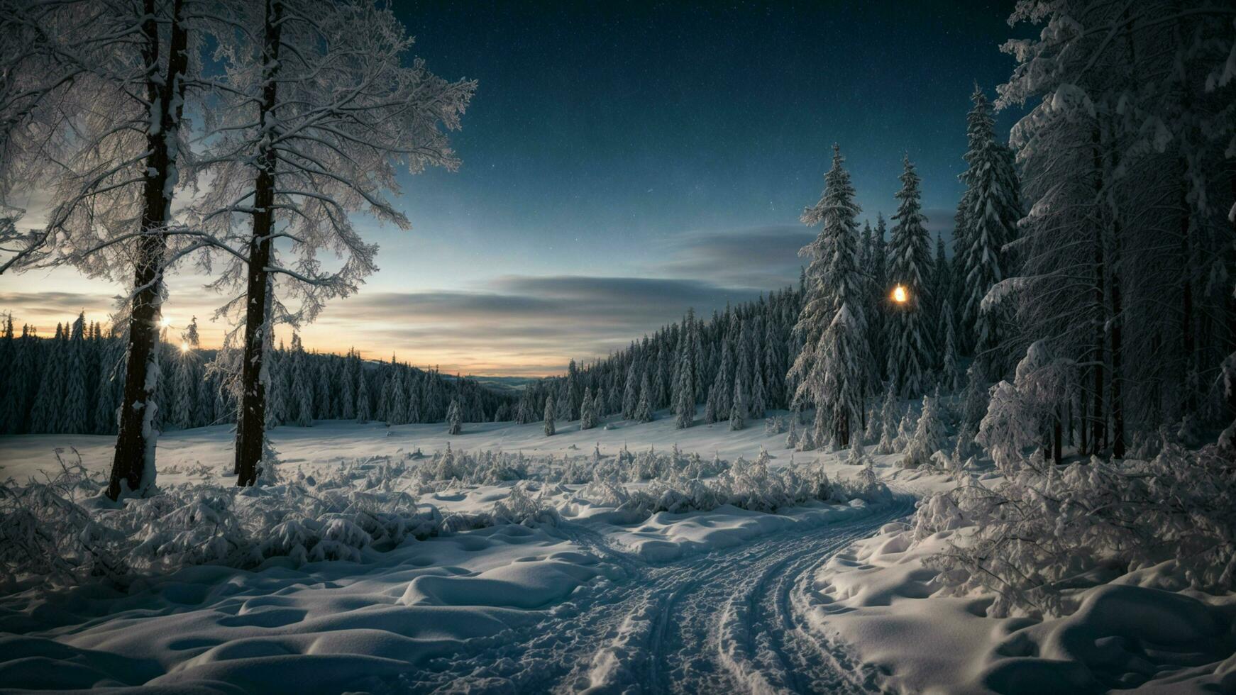 ai genererad mystisk vinter- natt fånga de förtrollning av en vinter- natt i de skog, terar en stjärnbelyst himmel, snötäckt jord, och en känsla av tyst magi i de luft foto